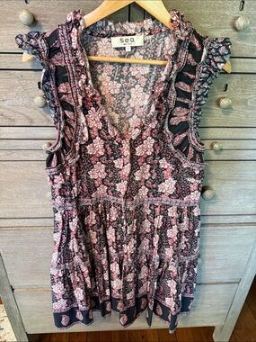 Sea NY Navy & Pink Floral Ruffle Camisole